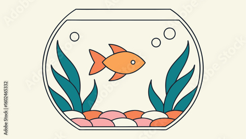 Orange fish in a round glass bowl with plants goldfish