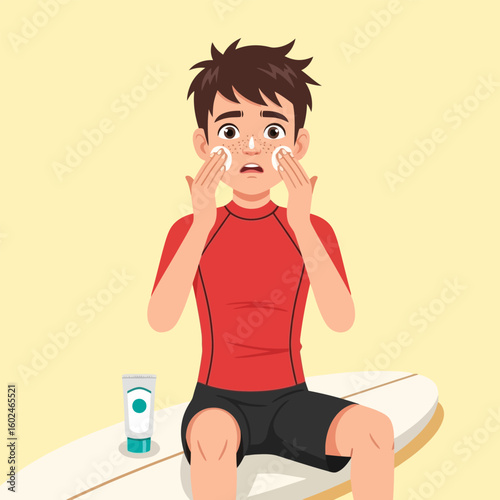 Worried Young Man Applying White Sunscreen on Face on Surfboard