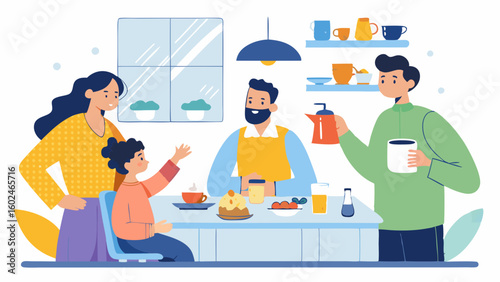 Happy diverse family eating together at home. 