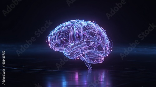 Futuristic AI brain with glowing neural network and blue and purple holographic lights, demonstrating advanced technology and artificial intelligence concept.