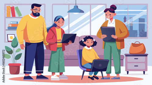 Multiracial family working and learning together. Parent attending remote job meeting on laptop, kid engaged in virtual school study on computer at home.

