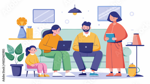 Multiracial family working and learning together. Parent attending remote job meeting on laptop, kid engaged in virtual school study on computer at home.

