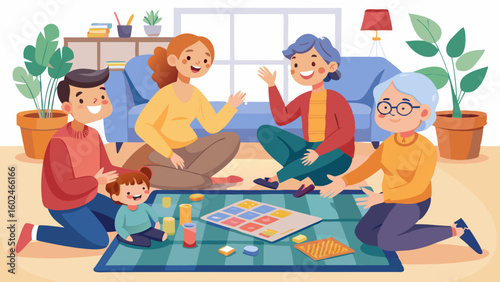 Happy family playing board game together in cozy living room. Parents and kids laughing, enjoying quality time on large rug at home interior.

