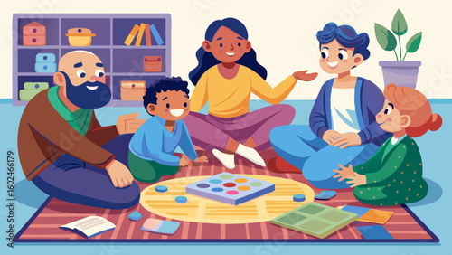 Happy family playing board game together in cozy living room. Parents and kids laughing, enjoying quality time on large rug at home interior.

