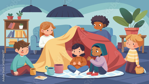Children building blanket fort in cozy living room while parents supervise. Kids playing indoors in creative play space, warm family bonding in home interior.


