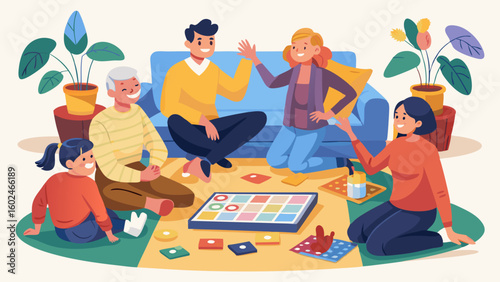 Happy family playing board game together in cozy living room. Parents and kids laughing, enjoying quality time on large rug at home interior.

