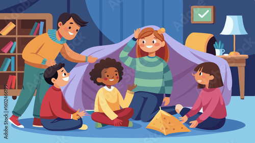 Children building blanket fort in cozy living room while parents supervise. Kids playing indoors in creative play space, warm family bonding in home interior.

