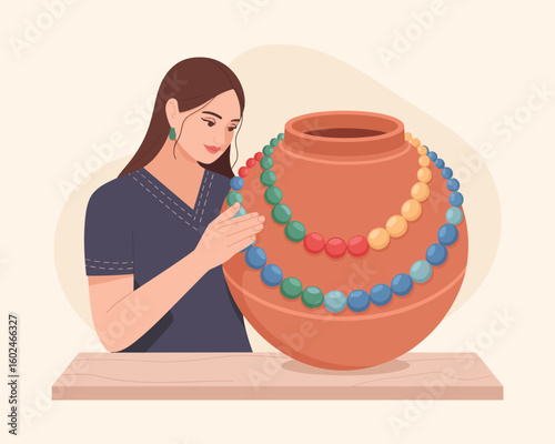 A flat vector illustration of a woman admiring handmade beaded necklaces on a clay pot.