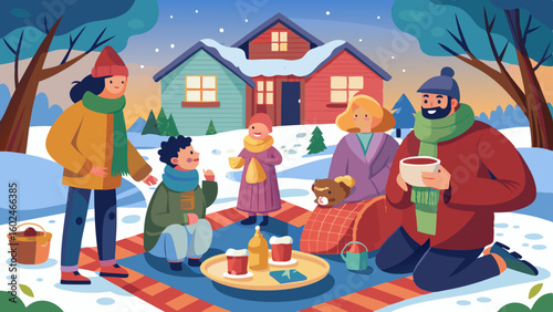 Happy family setting up picnic blanket in backyard garden while kids play nearby. Parents enjoying quality time together in warm clothes on chilly day.

