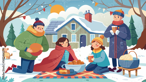 Happy family setting up picnic blanket in backyard garden while kids play nearby. Parents enjoying quality time together in warm clothes on chilly day.


