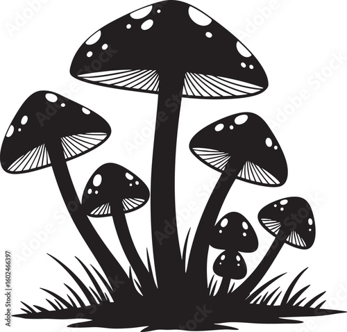 Group of dark mushroom silhouettes with white spots in grass silhouette