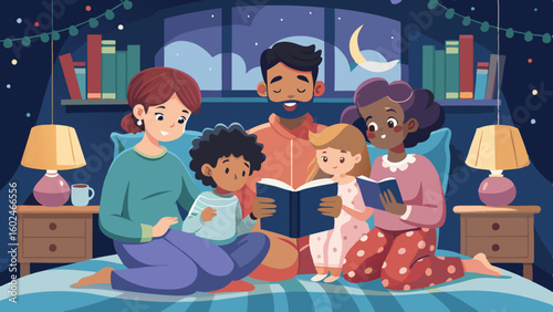 Parents reading bedtime story to kids in cozy bedroom interior. Children in pajamas snuggling with mother and father while listening to evening tale together.

