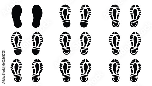 Black shoe prints arranged in rows on white background