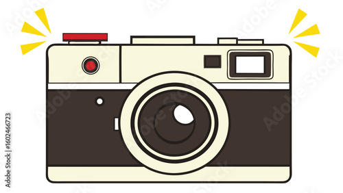 Vintage camera with red flash and yellow light bursts
