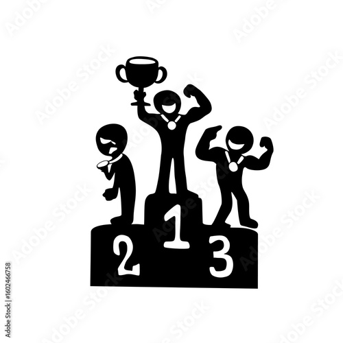 Three people stand on a winners’ podium. The first-place person lifts a trophy in joy, the third-place person celebrates confidently, while the second-place person looks disappointed despite a medal.