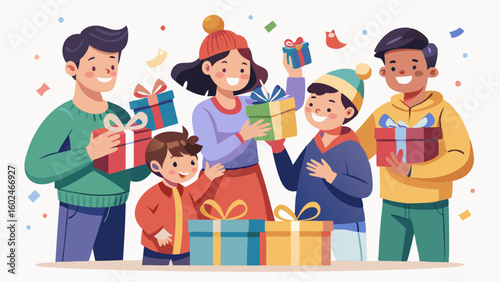 Excited children and parents unwrapping gifts in festive room. Family in loose clothing sharing joyful present exchange on special occasion.

