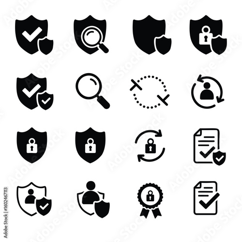 Collection of security and privacy related icons depicting protection verification and data integrity for websites or applications