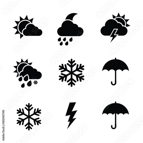 Weather forecast icon set presenting various conditions including sun rain snow and thunderstorms offering a visual representation of climate elements