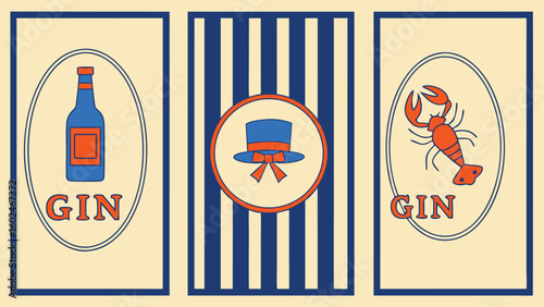 Vintage illustration of gin bottle lobster and top hat