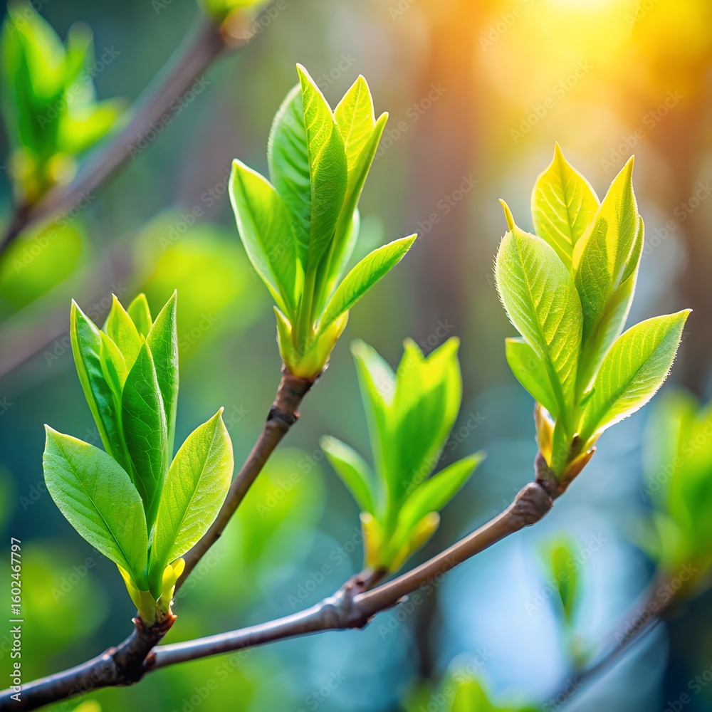 Fototapeta premium Tender new green leaves and buds unfurling on a tree branch in warm sunlight