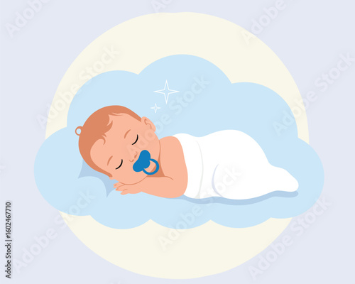 Vector illustration of an adorable infant sleeping with a pacifier on a dreamy cloud