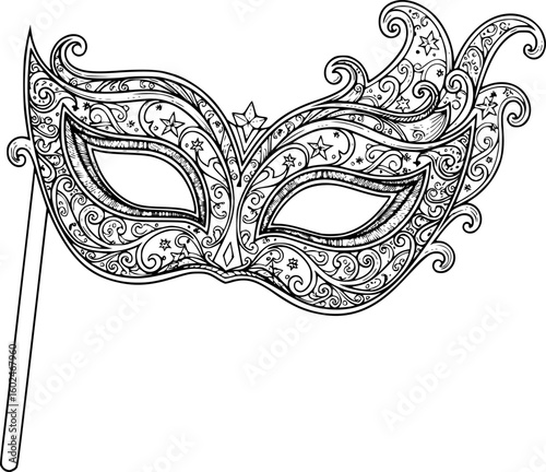 a detailed black and white line art of a masquerade mask on a stick