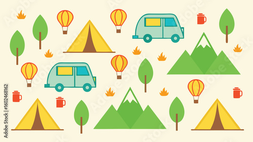 Whimsical camping scene with tents campers and hot air balloons