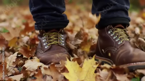 Person wearing brown hiking boots standing on colorful autumn leaves in a serene forest setting