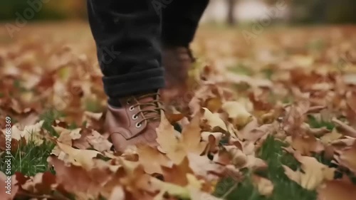 Person wearing brown shoes standing amidst colorful autumn leaves in a park with blurred trees
