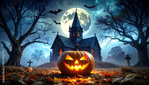 Spooky Halloween church scene with pumpkin