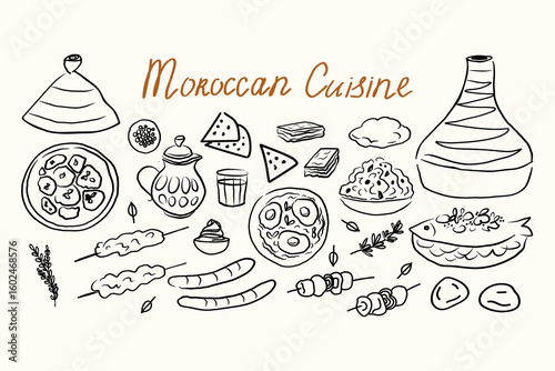 Moroccan cuisine doodle on isolated background. Banner with Arabic Food with tagine, stew, flatbread, chickpeas, fish, tea, nut, meat. Hand drawn vector illustration. Design for menu, card, print