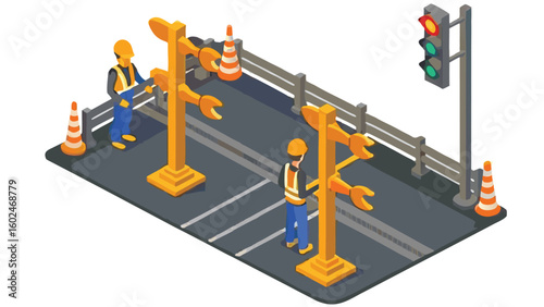 Isometric view of road construction site with workers traffic lights and barriers and cones present