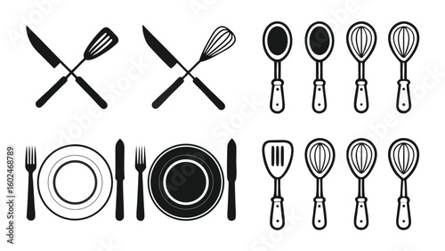 Black kitchen utensils and tableware icons on white background
