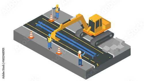 Isometric view of road construction with excavator and workers on a gray surface with cones present