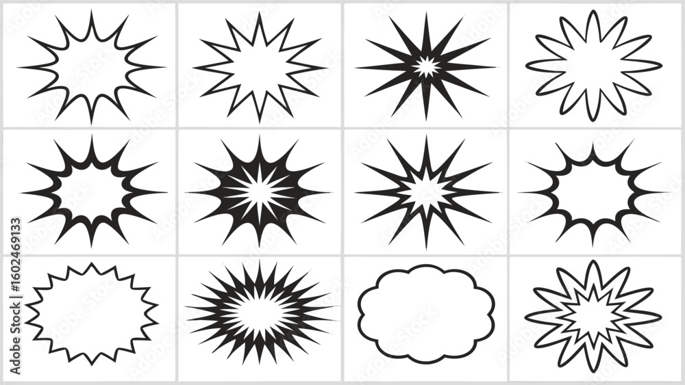 Obraz premium Twelve black and white graphic burst shapes and speech bubbles