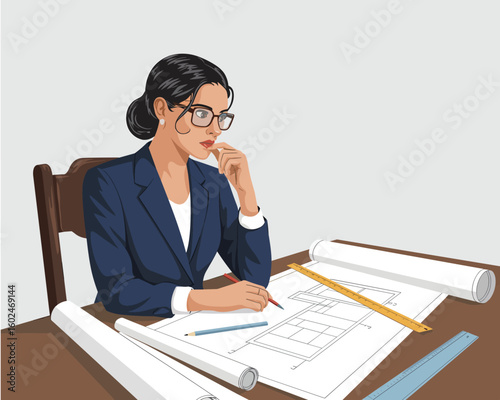 Vector illustration depicts a focused female architect drafting building plans at a work table