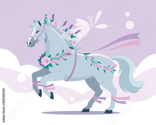 Elegant prancing horse decorated with lavender and rose flowers in a flat vector illustration