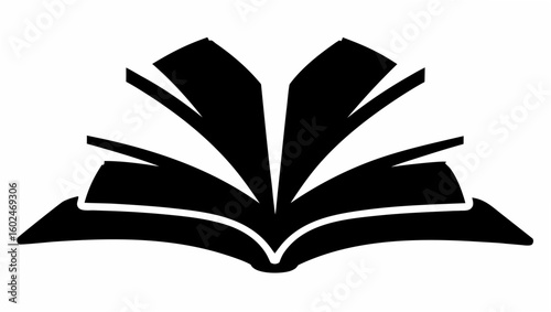 Illustration of an open book with pages fanned out in a symmetrical pattern against a white background silhouette