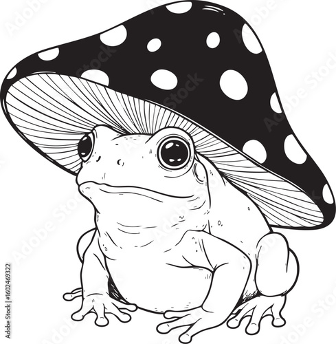 Cute frog wearing a spotted mushroom cap as a hat silhouette