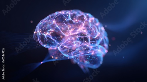Futuristic AI brain with glowing neural network and blue and purple holographic lights, demonstrating advanced technology and artificial intelligence concept.