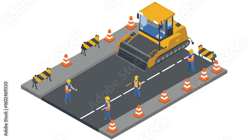 Isometric view of road construction with workers, roller, cones and barricades on a gray surface