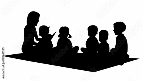 Silhouette illustration of a woman reading a book to a group of children sitting on a mat together indoors