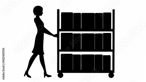 Silhouette of woman pushing a three tiered cart filled with items stacked on each level in black and white