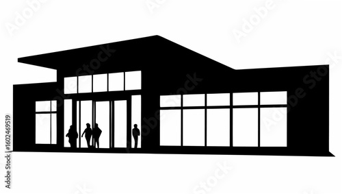 Silhouette of a modern building with large windows and people entering through the glass doors, black and white