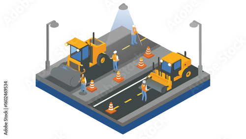 Isometric view of road construction with road rollers workers and traffic cones on a street