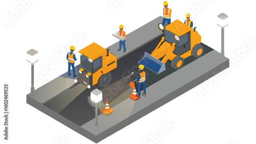 Isometric view of road construction with workers and heavy equipment on a gray road surface
