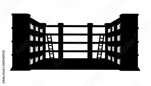 Silhouette of a library interior with bookshelves filled with books and ladders for accessing high shelves