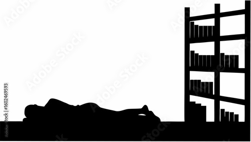 Silhouette of person lying down next to a bookshelf filled with books in a minimalist black and white scene