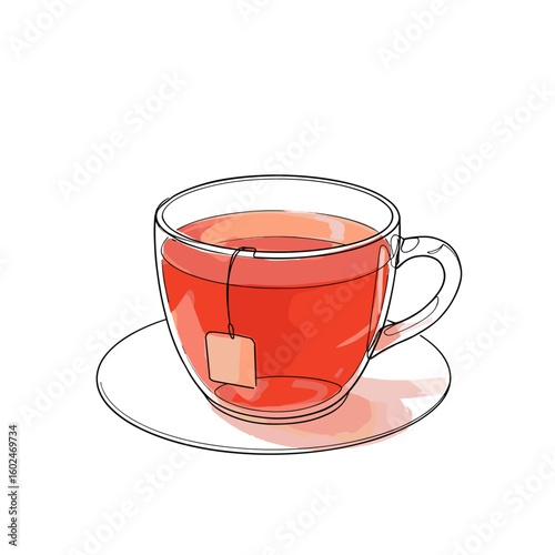 Glass cup of rooibos tea with teabag on white saucer  