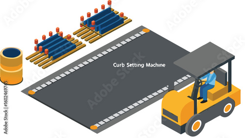Isometric view of curb setting machine with road construction equipment and materials for roadwork project